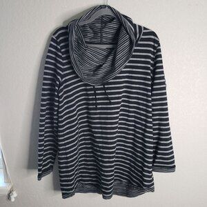 Soft Surroundings Size L Gray & Black Stripe Tunic  Cowl Neck Roll tag sleeve
